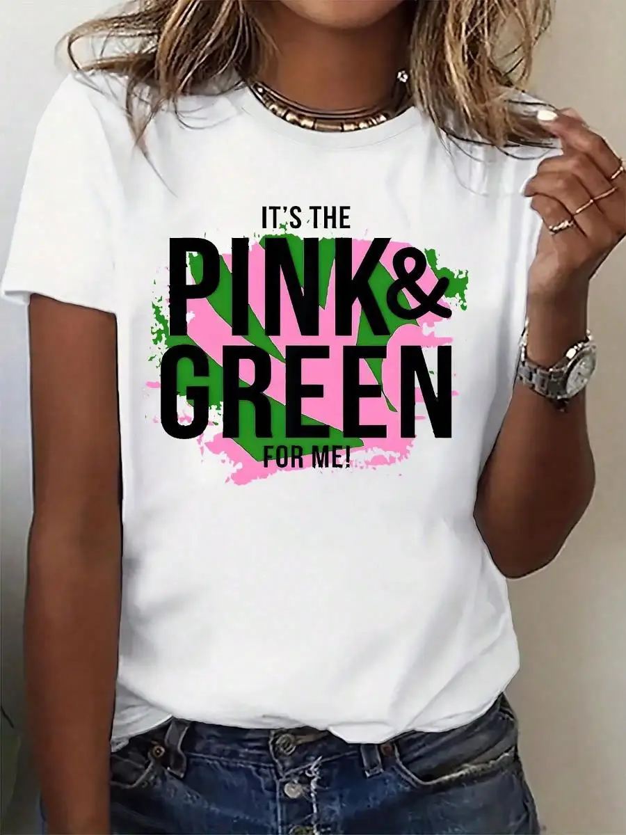 Women Round Neck T Shirt Pink And Green Color Splash Graphic Print Short Sleeve Casual Summer Top For Everyday Wear