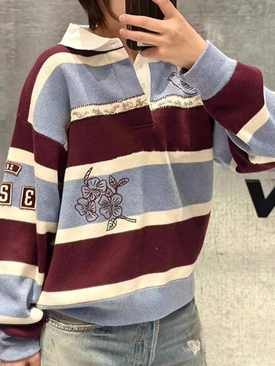 

Early Spring Collar Knitted Sweater Embroidered Floral Stripe Color Blo Camere Blend Women's Faion Soft ...