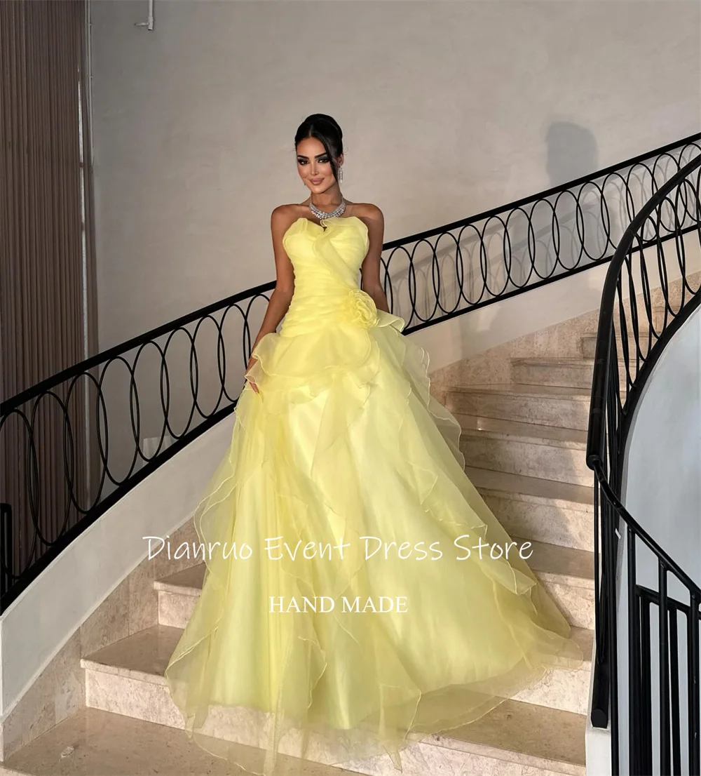 Dianruo Giallo Limone Organza Abito Da Sera Abito di Sfera di Lunghezza Lunga Abiti Del Partito Fiore 3D Abiti Formali De Laurea Personalizzato