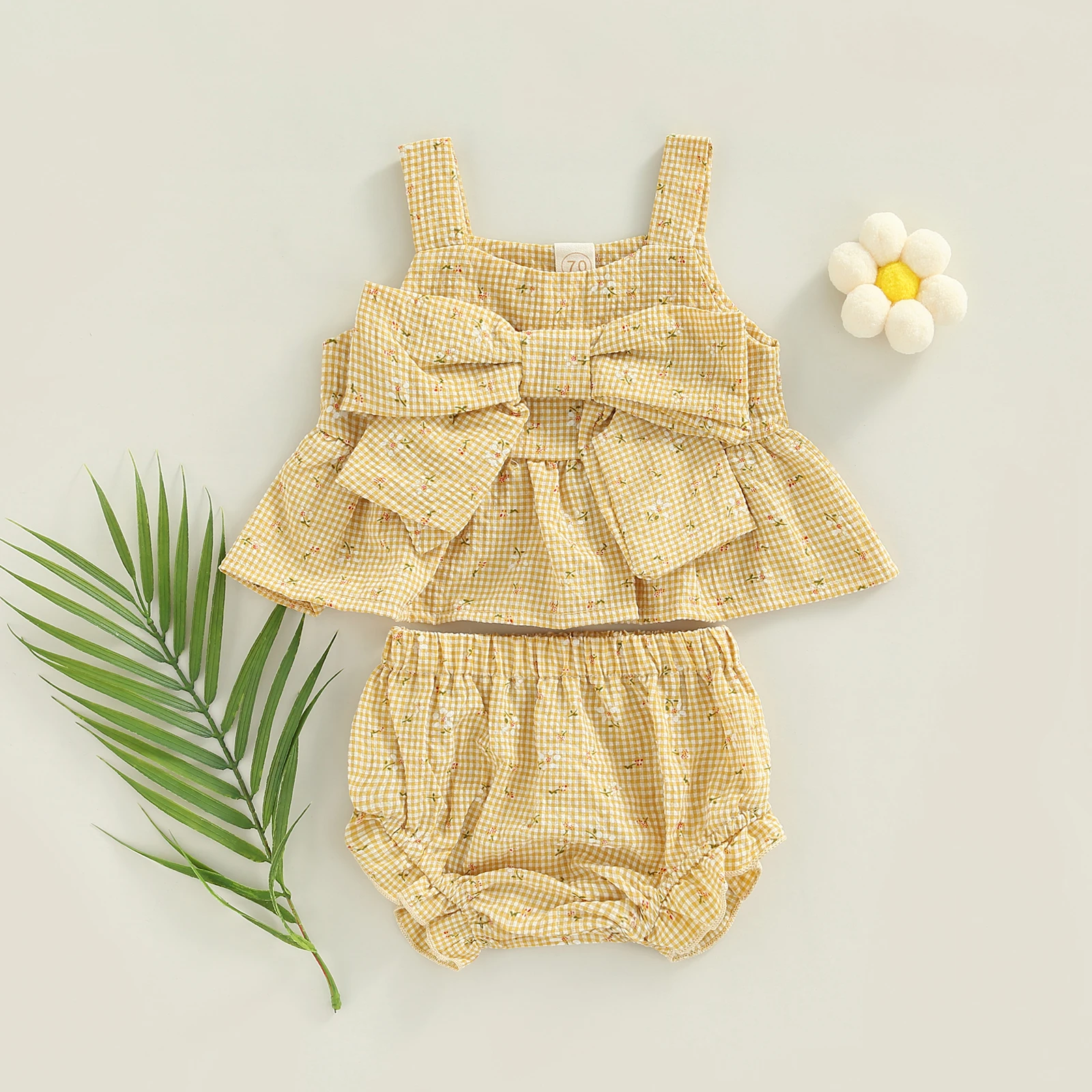 Lovey Toddler Infant Baby Girls 2 Pcs Outfits Suit Summer Plaid Pattern Floral Printed Bowknot Ruffles Vest Tops Shorts Clothes