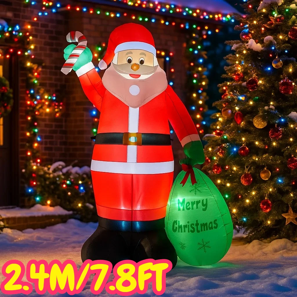 2.4M/7.8FT Christmas Decorations Inflatable Toy Santa Claus Holding Candy Cane Home Yard Xmas Ornaments LED Christmas Party Toy