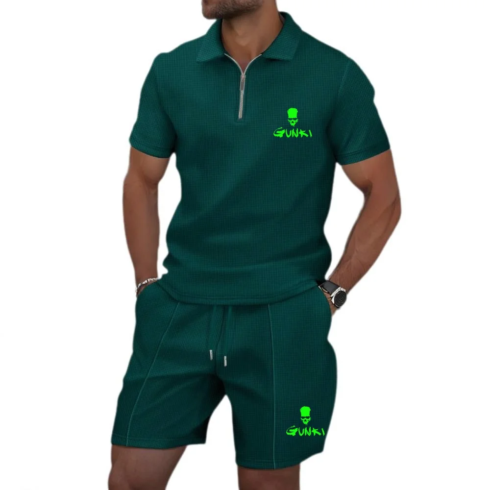 Casual Wear Summer Youth Gunki Polo Suit Waffle Short Sleeved Shirt & Shorts Sets Men's Lapel Golf Sportwear 2pcs Top for