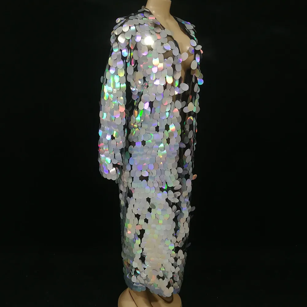 Glitter Silver Sequins Super Long Coat Male Women Stage Show Reflective Mirror Cloak Singer Leading Dance Hip Hop Punk Overcoat