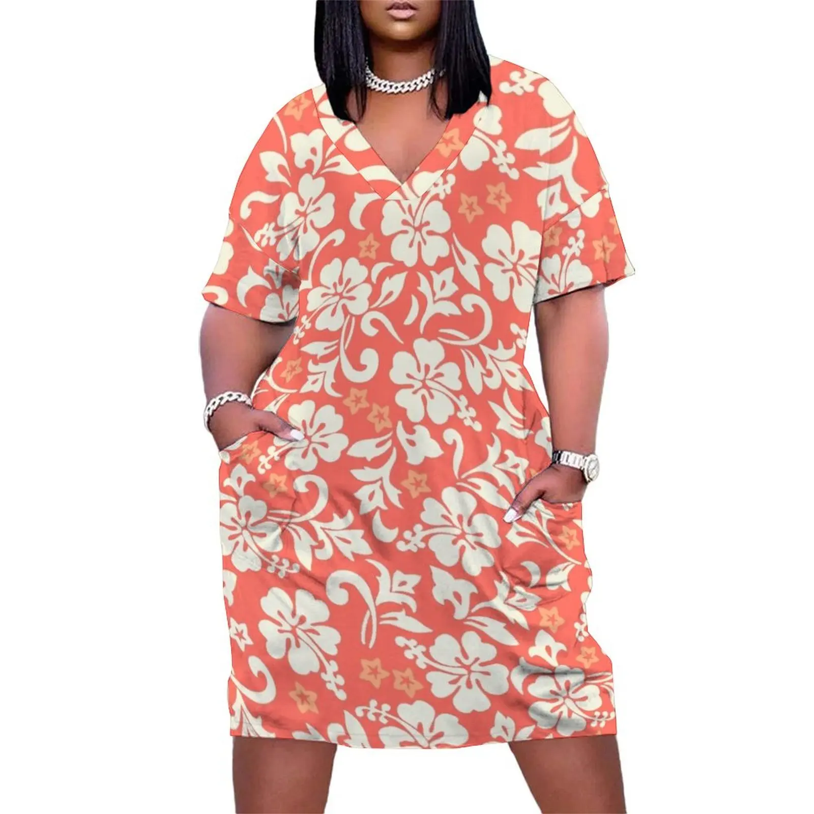 

Kapalua Pareau Hawaiian Hibiscus - Coral Loose Pocket Dress summer dress woman 2024 trendy dresses summer