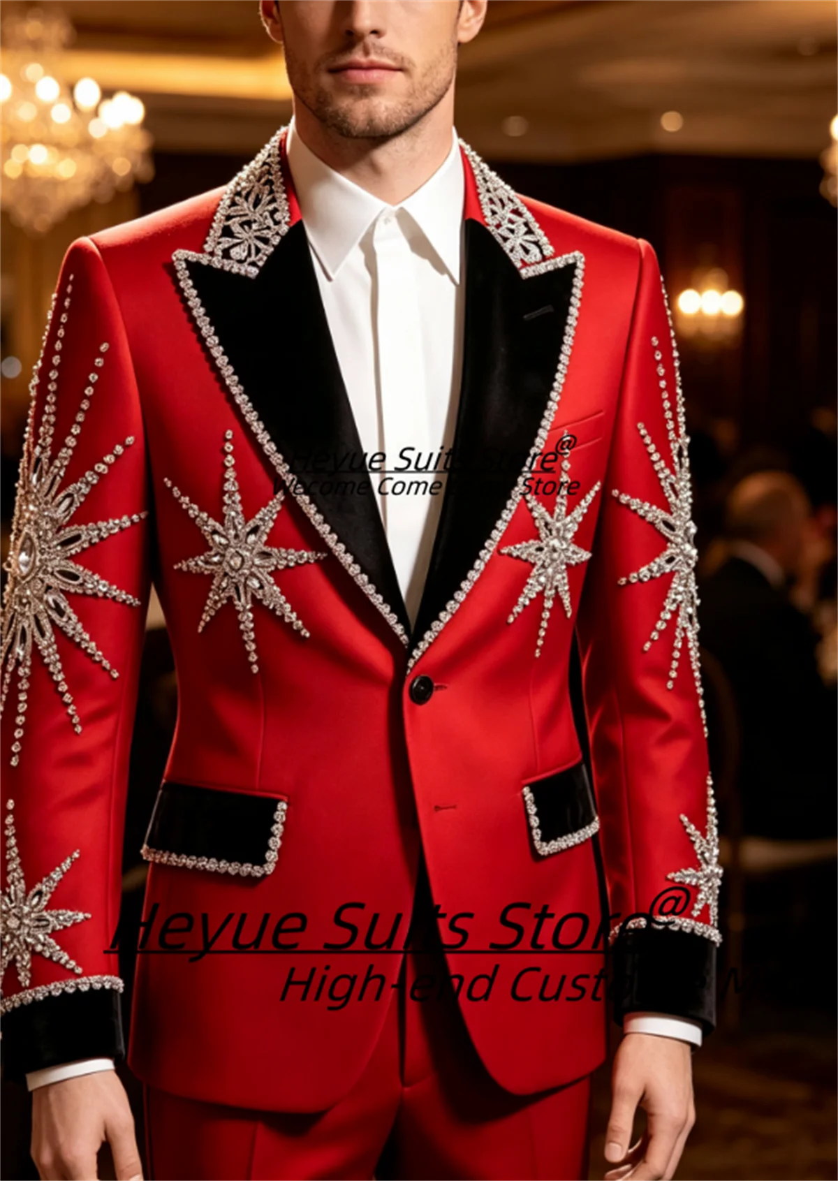 Gorgeous Star Rhinestone Groom Wedding Tuxedos Customized Red Slim Fit Peak Lapel Men Suits 2 Pieces Sets Elegnat Costume Homme view 4
