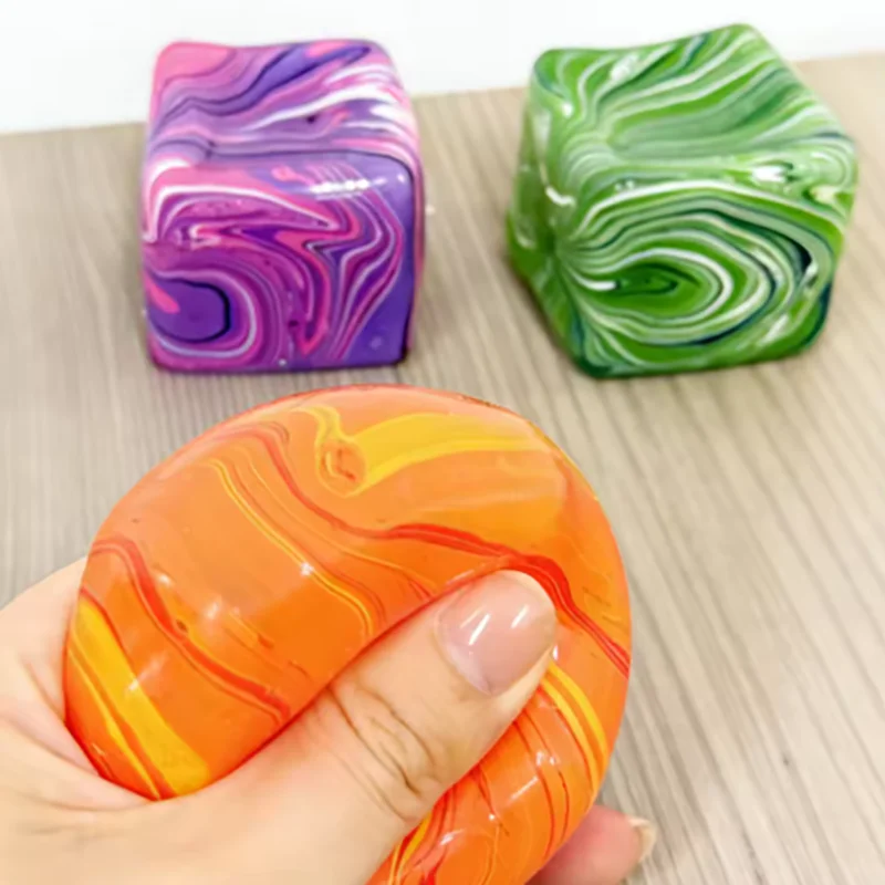 Stress Cube Squishy Gel Ball Marble Swirl Slow Rebound Soft Stretch Squeeze Fidget Sensory Decompression Anxiety Relief Toy.