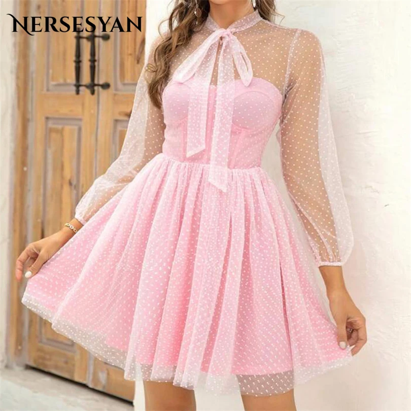 

Nersesyan Mini Pink Tulle Homecoming Prom Dresses Long Sleeves A Line Draped Formal Evening Gowns Sexy Vestidos De Fiesta 2023