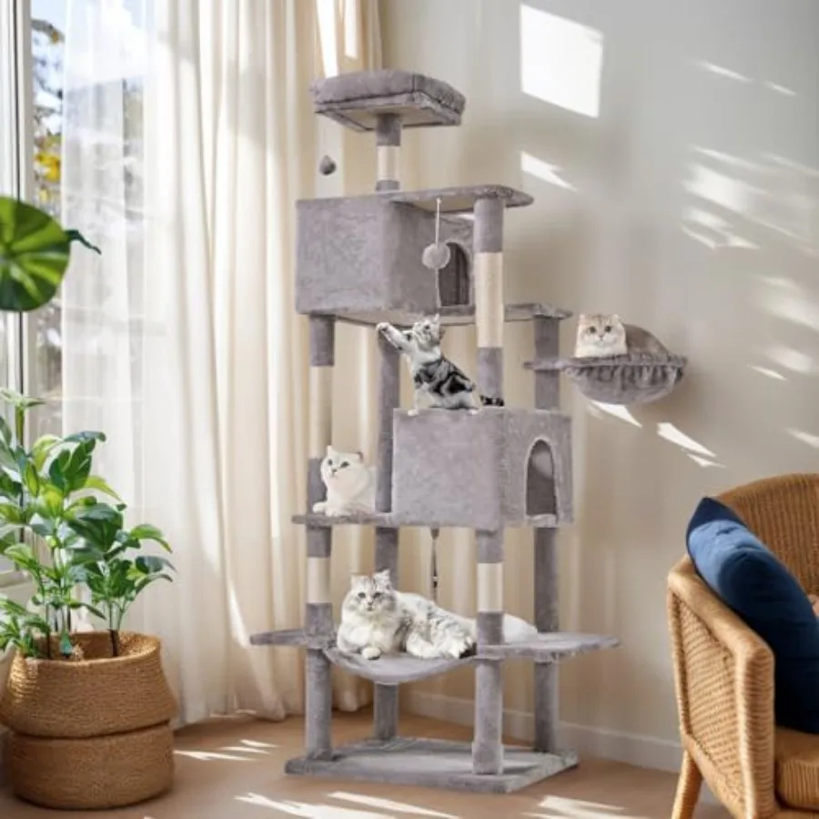 

66 Inch Cat Tree Tower Multi Level Cat Climbing Tower with Natural Sisal Scratching Posts Hammock Pet Condo for Indoor Cats and