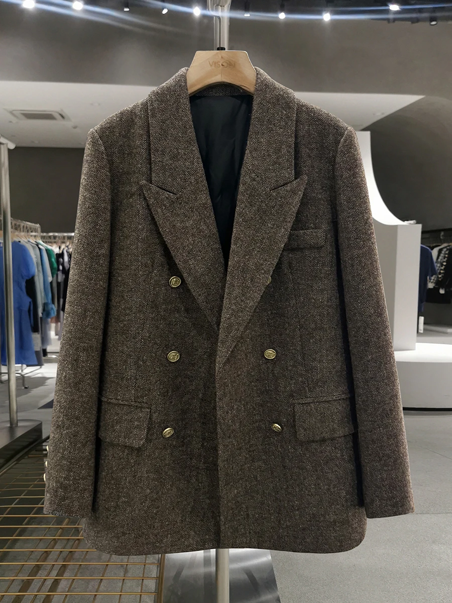 

Brown Retro down Woolen Suit Jaet Women's Thi Casual Sle Double Breasted Long Sve Regular Fit