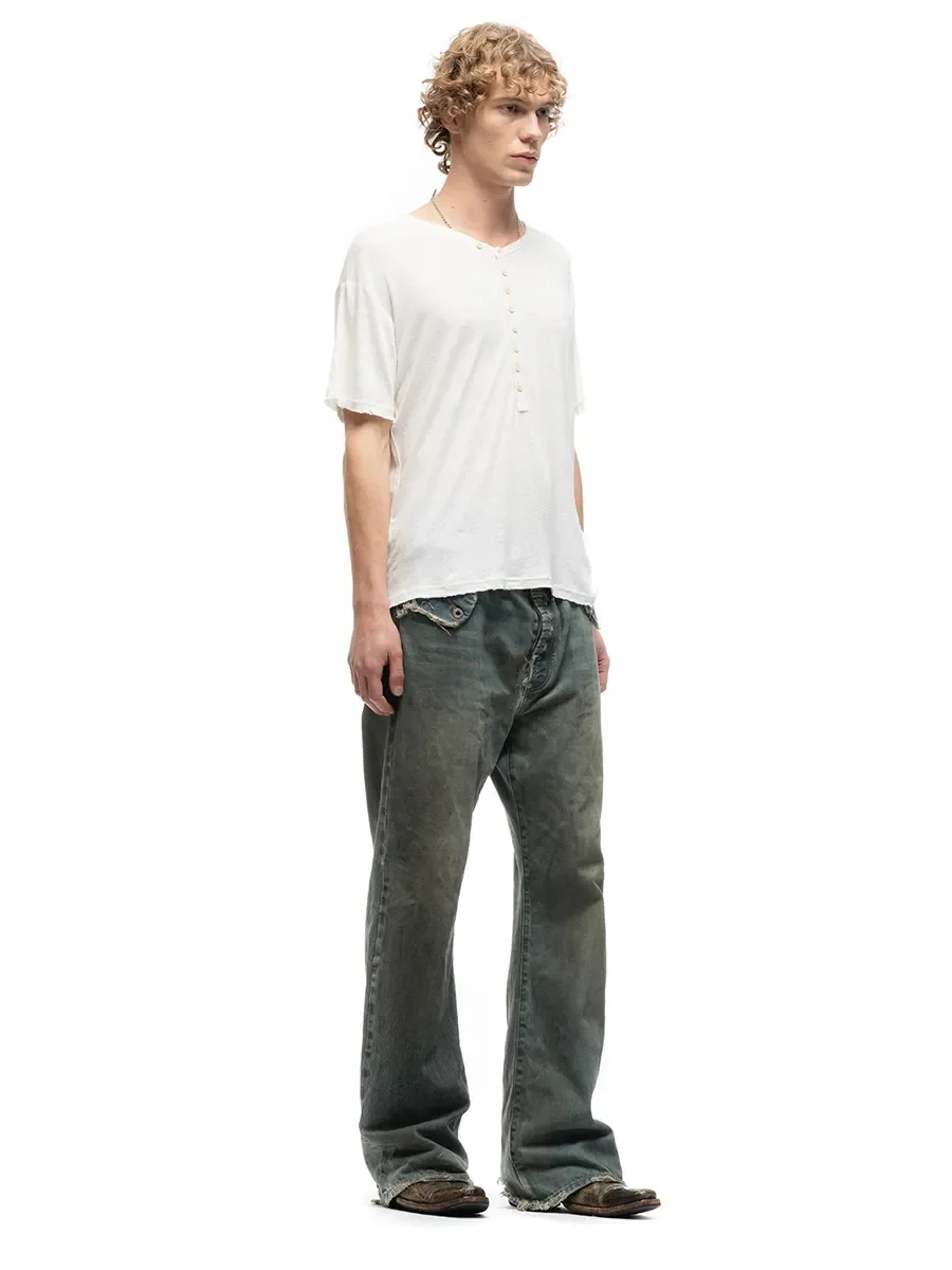 No faith studios Henry Collar Button Base Short Sleeve, Edged Bamboo Textured Snow T-Shirt