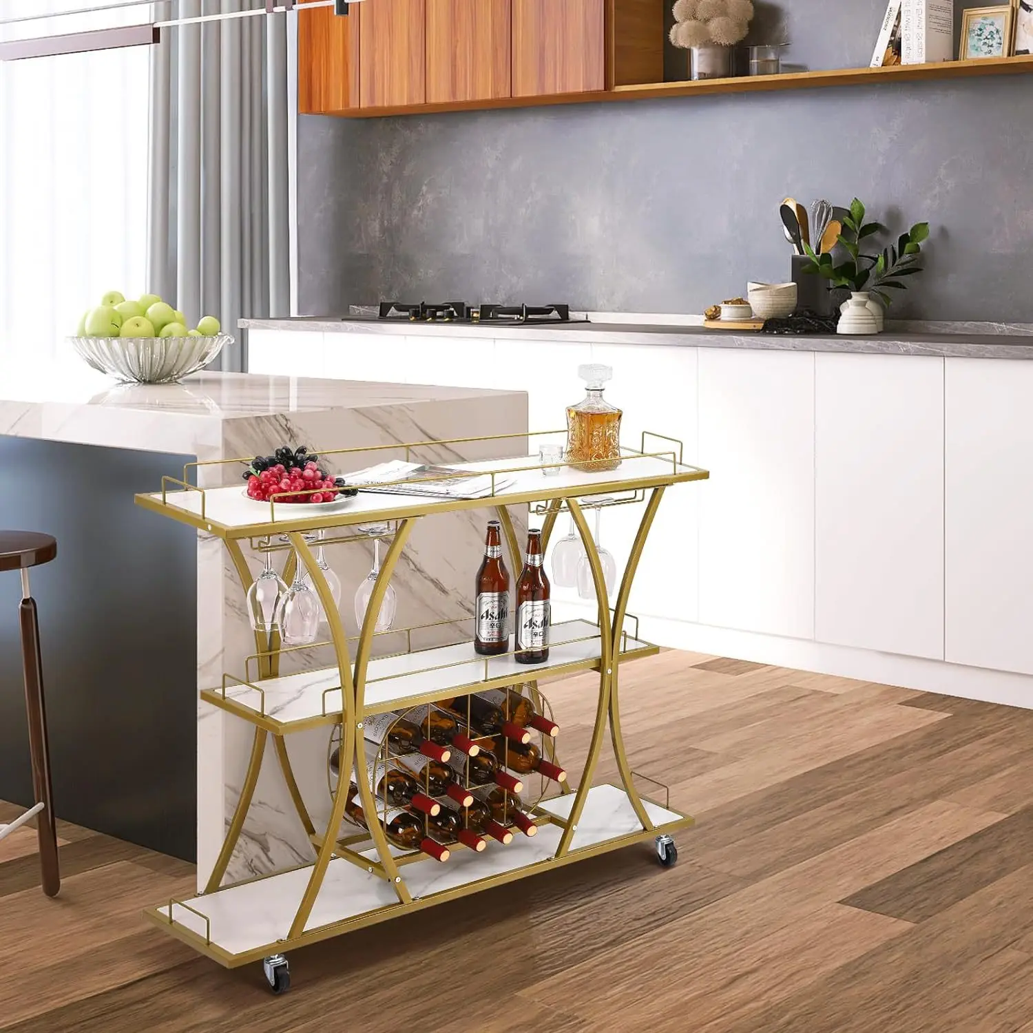 Mobile push dining cart marble pattern tea steel wood wine rack food delivery cart Asia
