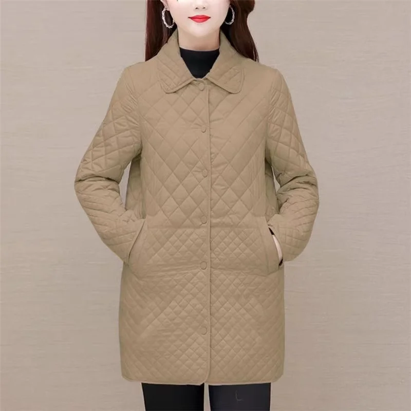 Medium Long Large Sized igh End Diamond Checkered Cotton Coat Women\'s Winter New Casual Light Thin Cotton Jacket Female