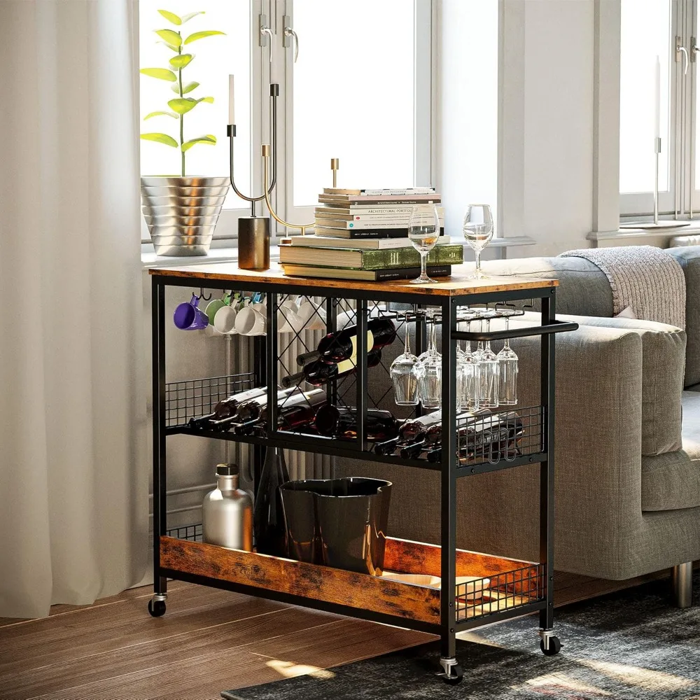 Bar Cart, Serving Cart with Wine Rack Glasses Holder Kitchen Cart on Wheels Wood and Metal Frame, Vintage Brown