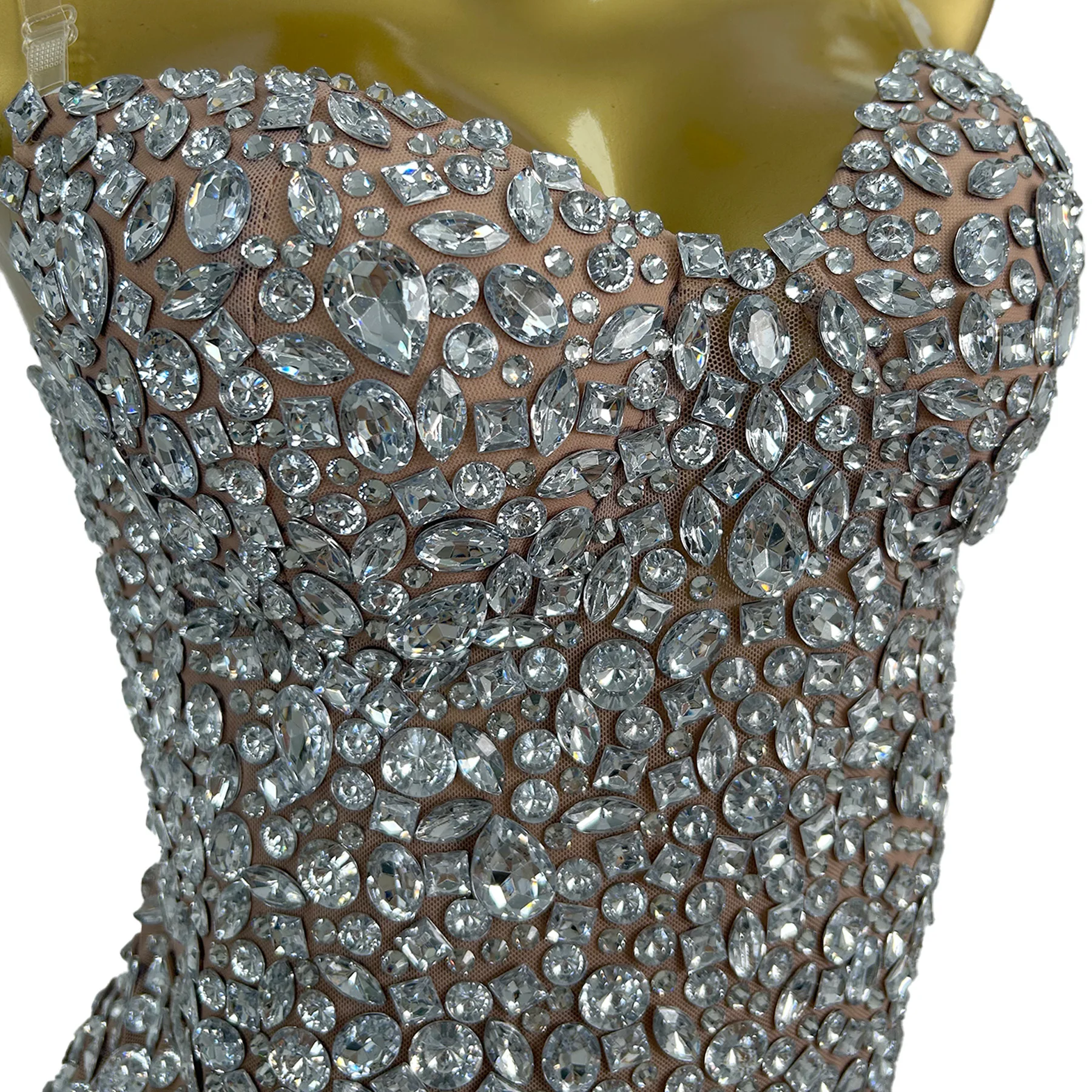 Hainiao Abito da sera da donna di lusso di fascia alta con strass argento Abito da ballo senza spalline in rete sexy Abito da cocktail per cena di nozze