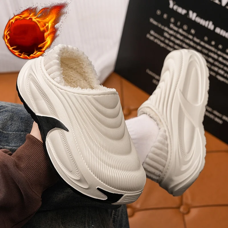 Men and Women Couples' Autumn and Winter Outdoor Half-Slip Cotton Slippers with Eva Integrated Waterproof Upper, Fleece-Lined and Thick Plush Interior, Thick-Soled, Non-Slip, Cold-Resistant, and Warm Cotton Slippers