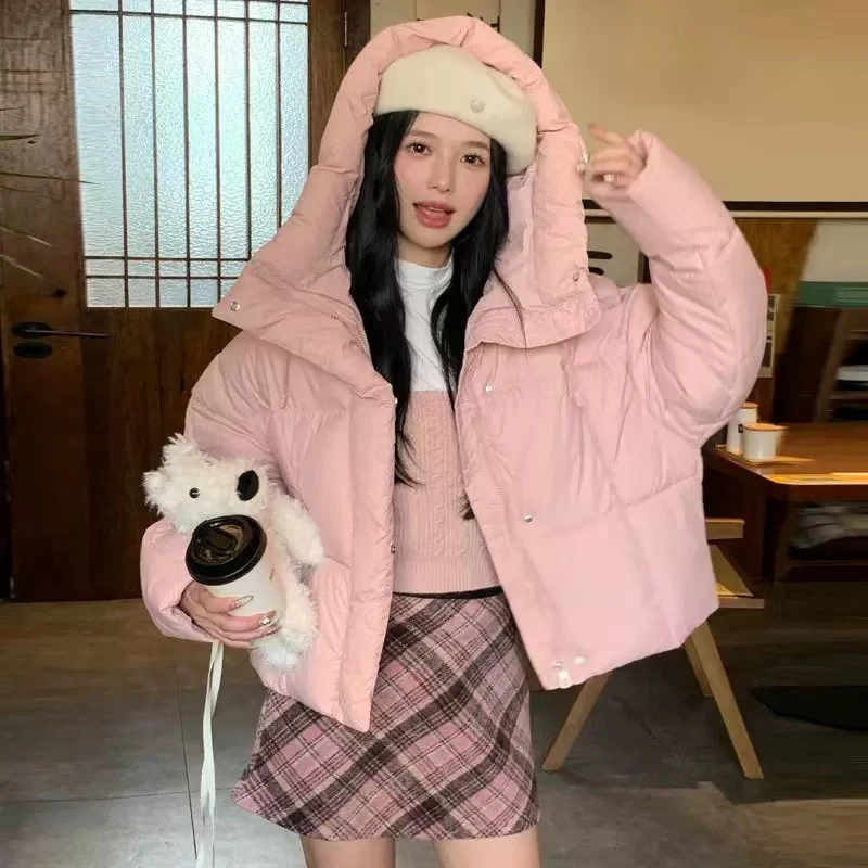 Winter Thick Hooded Crop Puffy Coats Women Black Fashion Mock Neck Zipper Shorts Coats Y2K Streetwear All Match Warm Jacket