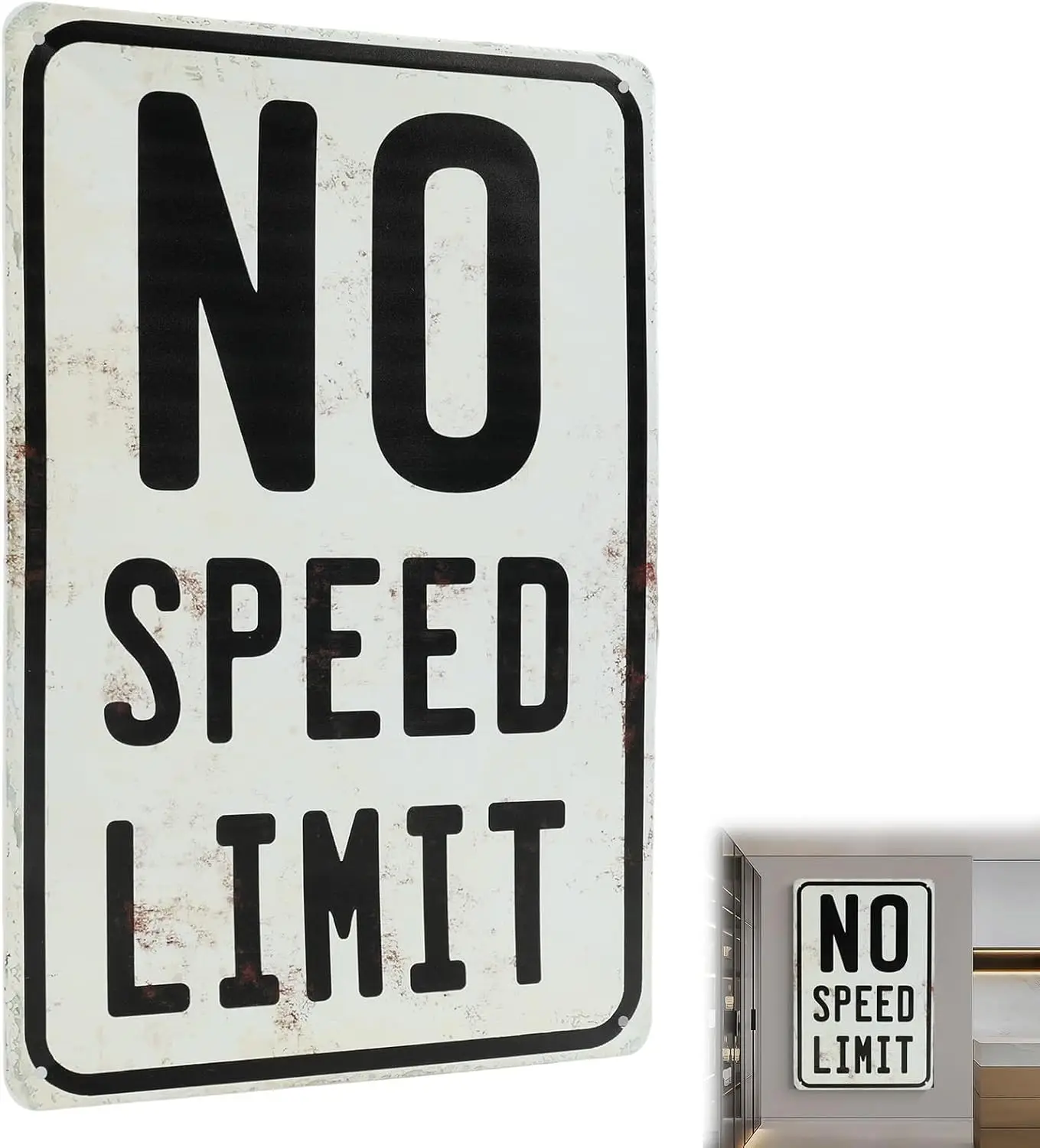 No Speed Limit Sign, Vintage Metal Street Signs for Wall Decor, Car Themed Room Decoration for Boys Men Cave, Garage Art Racing