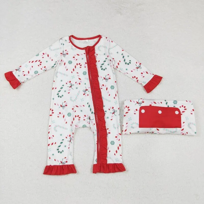 8.16y Christmas Baby Girls Romper Candy Cane Red Lace Long Sleeve Onesie White Zipper Wholesale Boutique