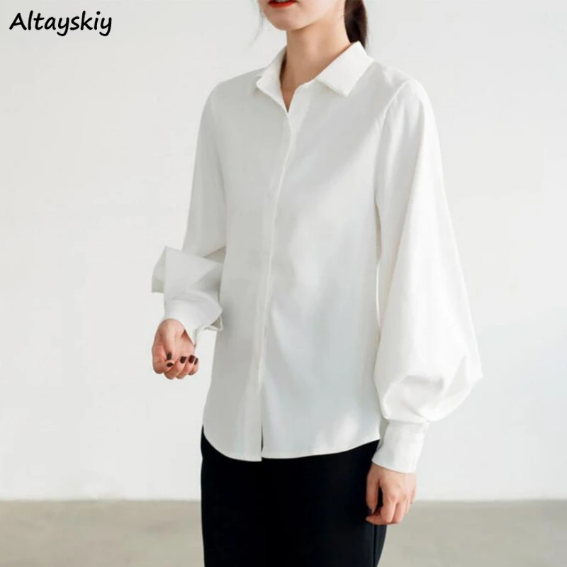 

Casual Shirts Women Long Lantern Sleeve Loose Turn-down Collar Simple Solid Spring All-match Fashion Korean Fashion BF Stylish