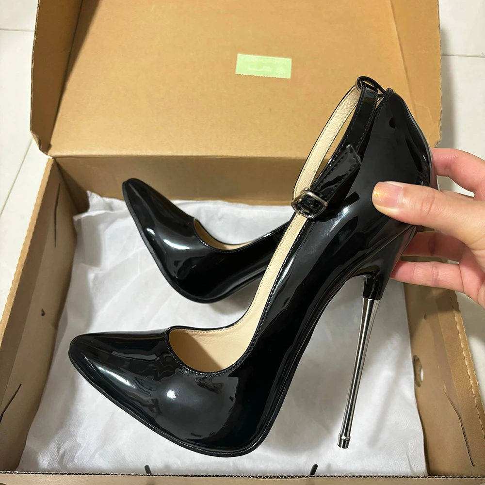 

Women Ultra High Heels 16cm Stilettos Black Pumps Ankle Strap Fetish Gay SM Unisex Pole Dancing Drag Queen Show Man Shoes