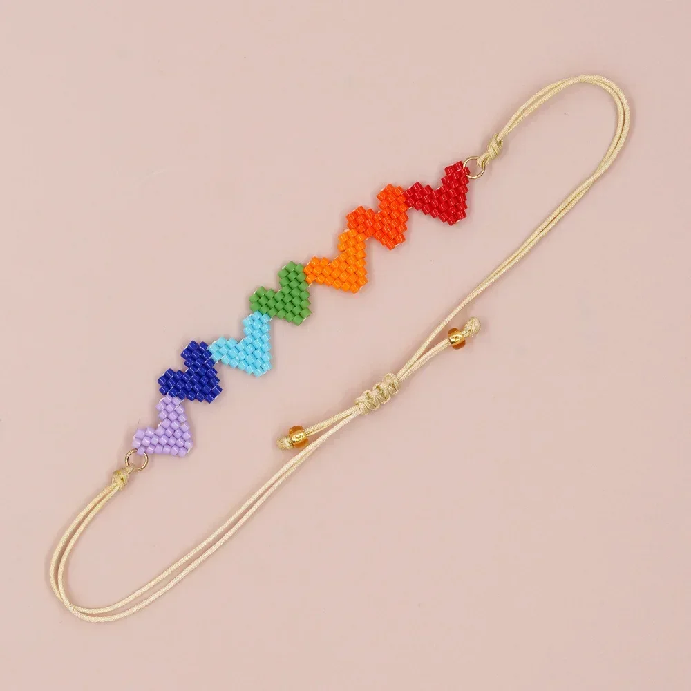 Rice bead bracelet Heart Graph Female Rainbow wavy Bohemia Hand knitting Adjustable Gradient color Versatile Beaded bracelet
