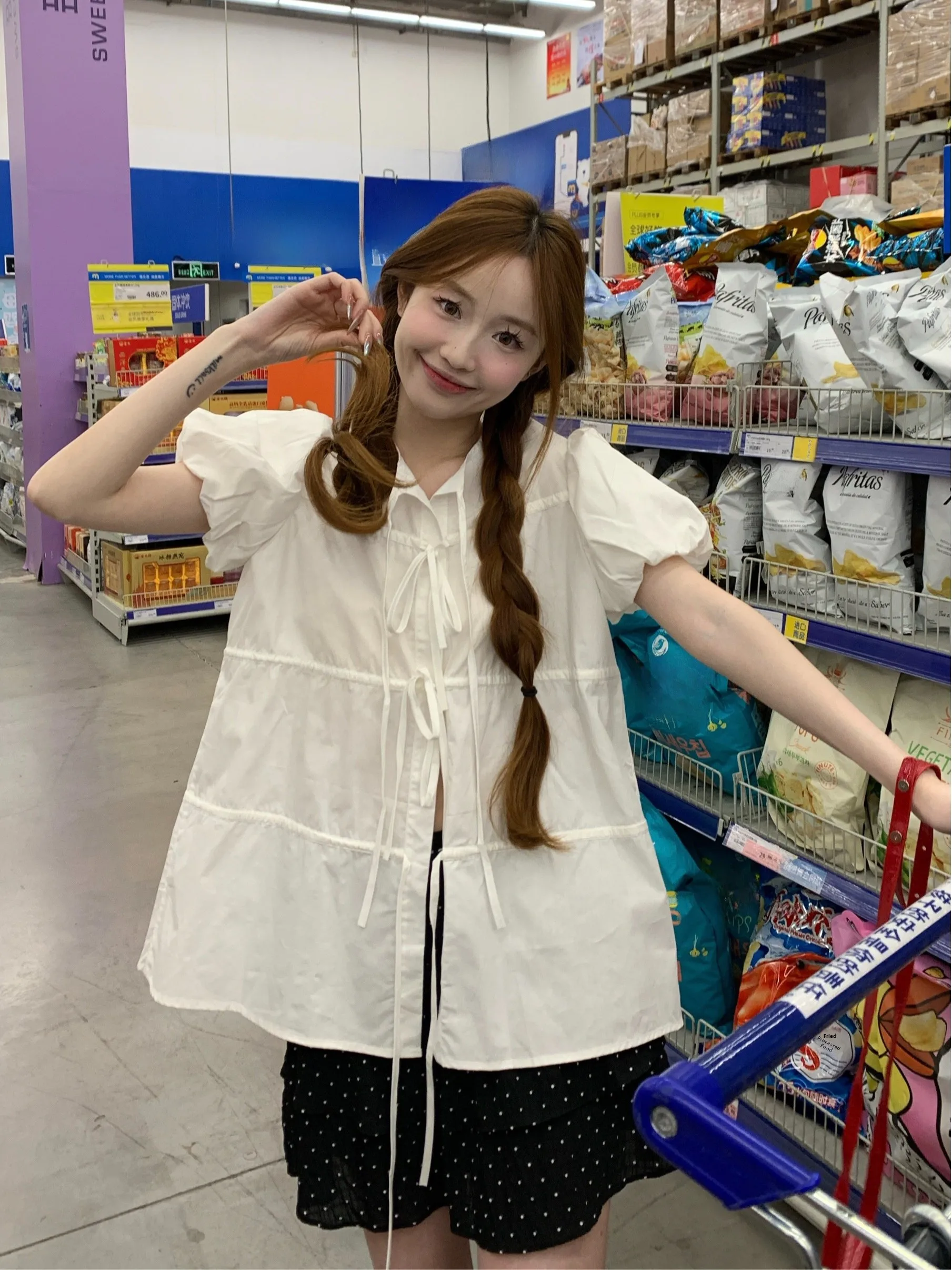 

Sweet Cross-Bow Bubble-Sve irt Women's Summer New Loose Versatile Ele Top plus Size Faionable Korean Sle Commute