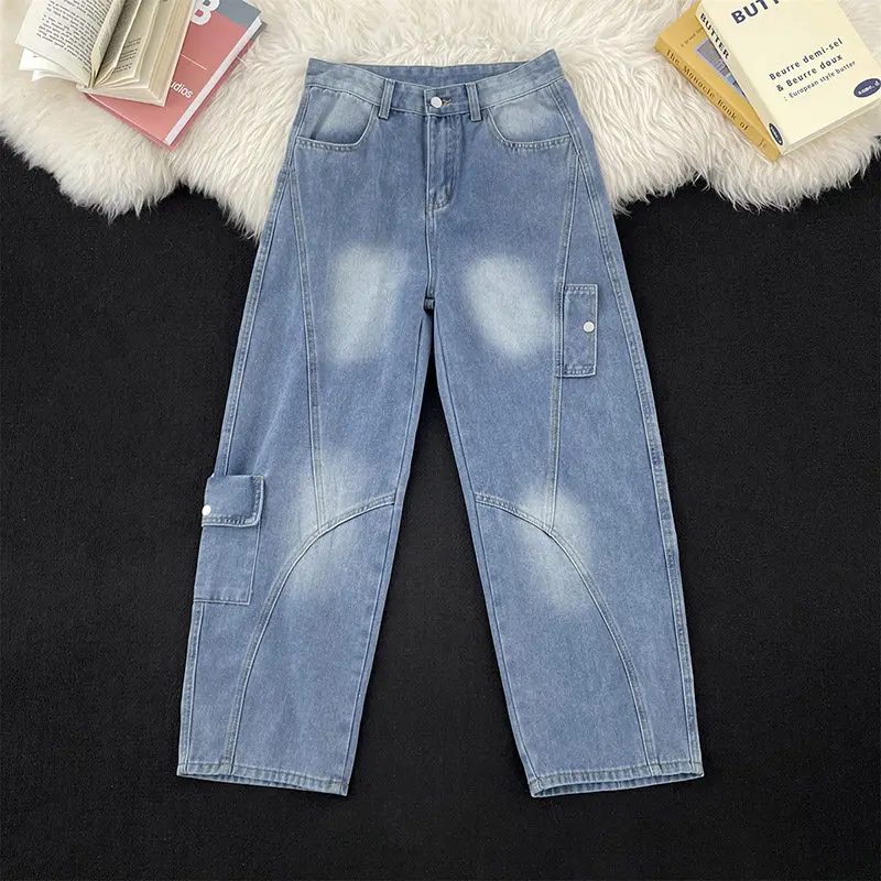

Fashion Large Pocket Splicing Jeans For Men American Safari Style Washed Loose Denim Pants Casual Retro Straight Leg Trousers