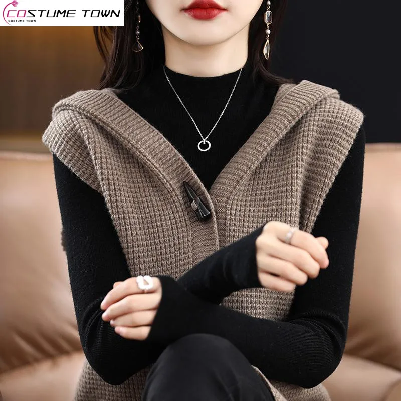 Temperament Mid Length Cowhorn Button Hooded Knitted Tank Top Women's Autumn and Winter New Sleeveless Sweater Cardigan Coat