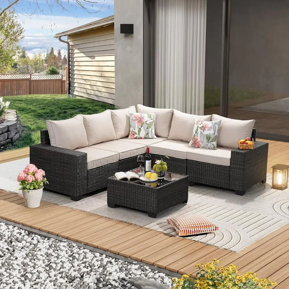 

All-Weather Outdoor Wicker Sectional Patio Sofa Set with Cushions and Glass Table, Beige