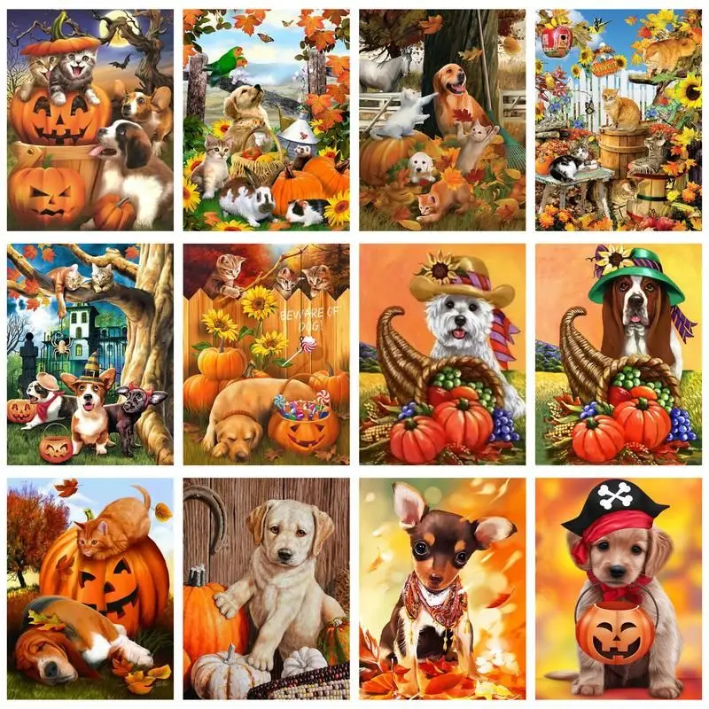 

CHENISTORY Diamond Painting Pumpkin Dog 5D DIY Diamond Mosaic House DIY Cross Stitch Embroidery Halloween Landscape Handmade Hob