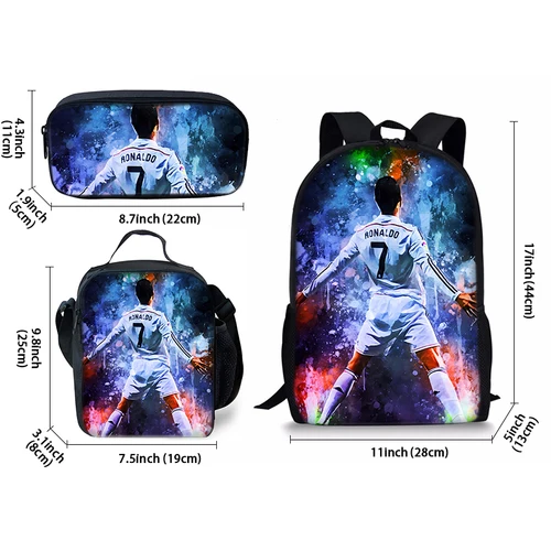 Imagen 2 del producto Juego de tres piezas de jugador de fútbol Ronaldo, mochilas para niños y niñas, los mejores regalos, mochila escolar de dibujos animados en 3D para niños