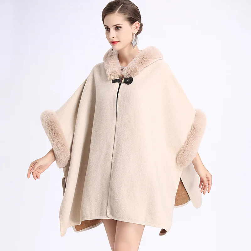 

10 Colors Winter Warm Horn Buckle Thick Poncho Cape Women Faux Rabbit Fur Batwing Sleeves Loose Long Cappa Overcoat With Hat