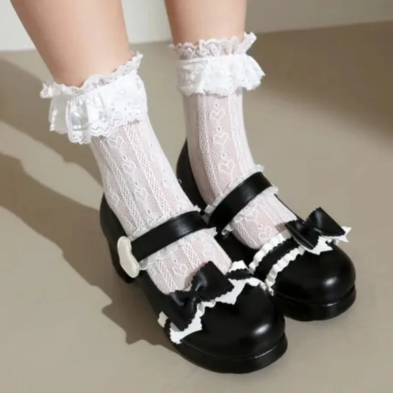 2025 New High Heels Sweet Pink Bow Pumps Shoes Women Platform Sandals Lolita Girls Cosplay Uniform Shoes Black White Plus Size