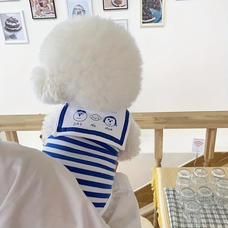 Green Striped Puppy T-shirt Pet Navy Collar Vest Cartoon Print Maltese Short Sleeved Breathable Clothes for Small Dog Cats view 5