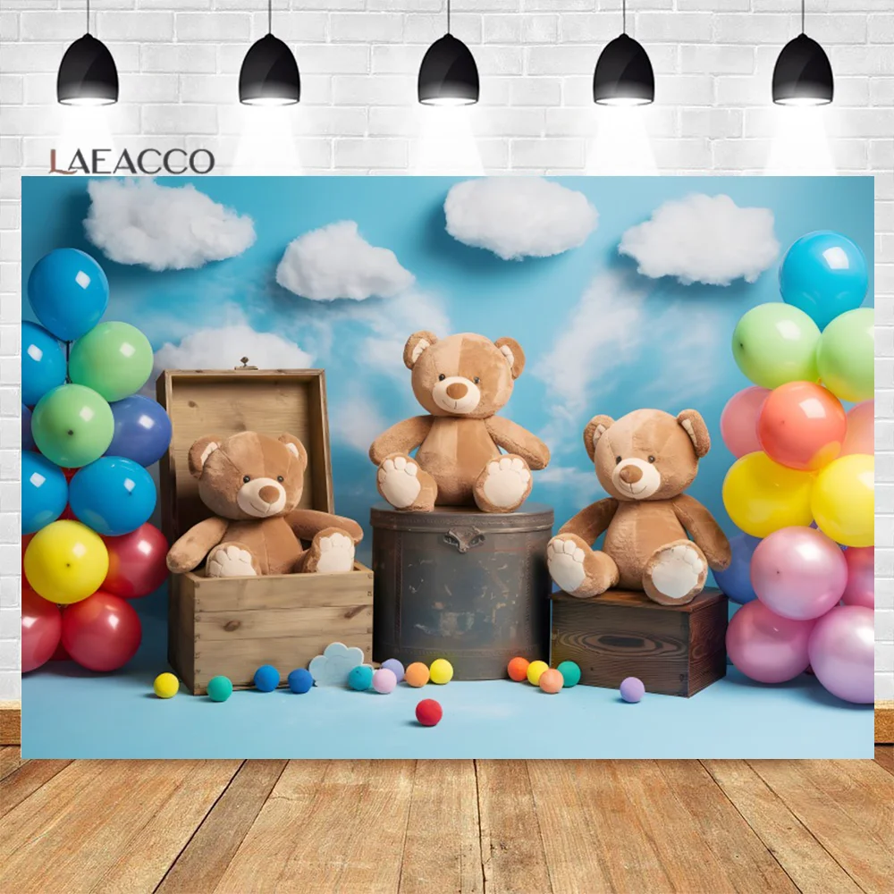 Laeacco Happy Birthday Photography Backdrop Cute Bear White Clouds Colorful Balloons Wooden Box Birthday Party Decor Photo Props