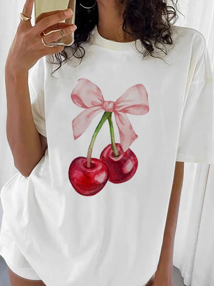 Women T-shirts Cherry Bow T Shirt 90s Ladies Fashion Clothing Cartoon Clothes Short Sleeve Female Tees Valentine Tshirt