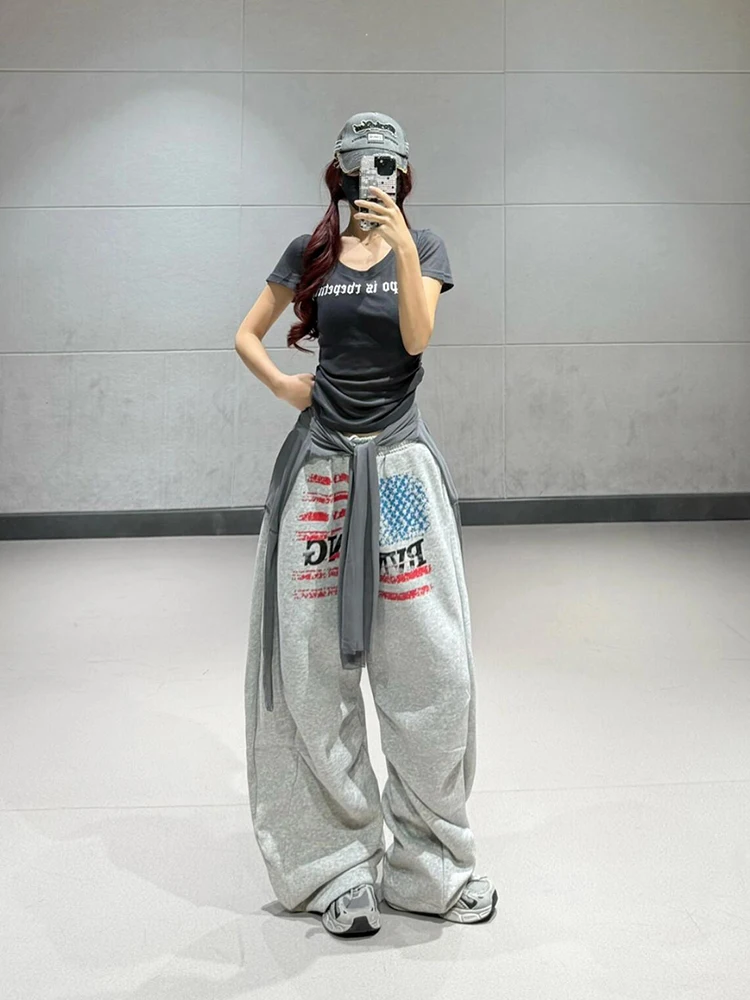 Pantalones de pierna ancha con estampado de letras y bandera americana retro, pantalones largos hasta el suelo para baile callejero de hip hop de otoño para mujer, pantalones drapeados de pierna recta...