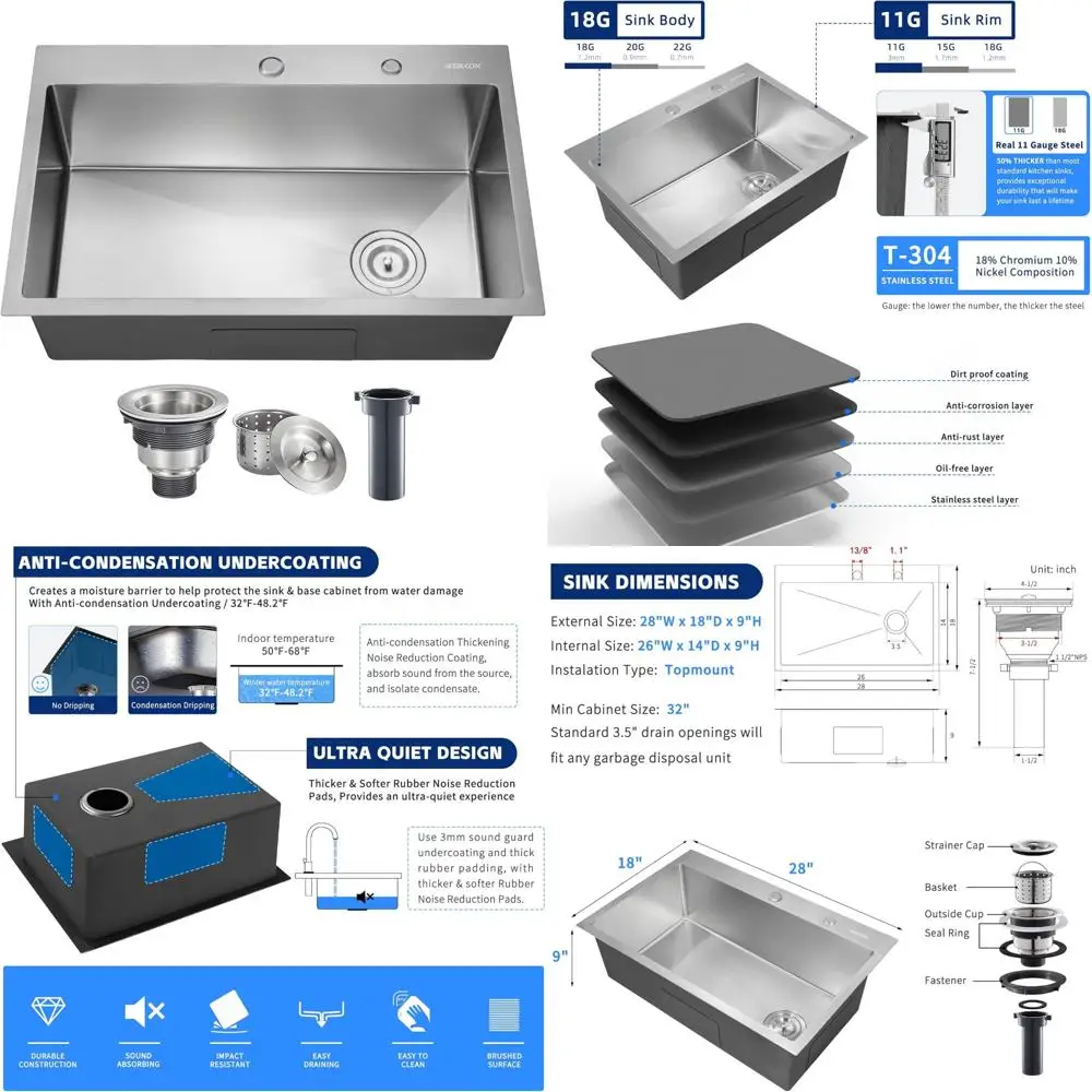 

Kitchen Sink 28x18 Topmount Single Bowl Drop-in Sinks 304 Stainless Steel Handmade Home Bar Outdoor RV Sinks Brushed