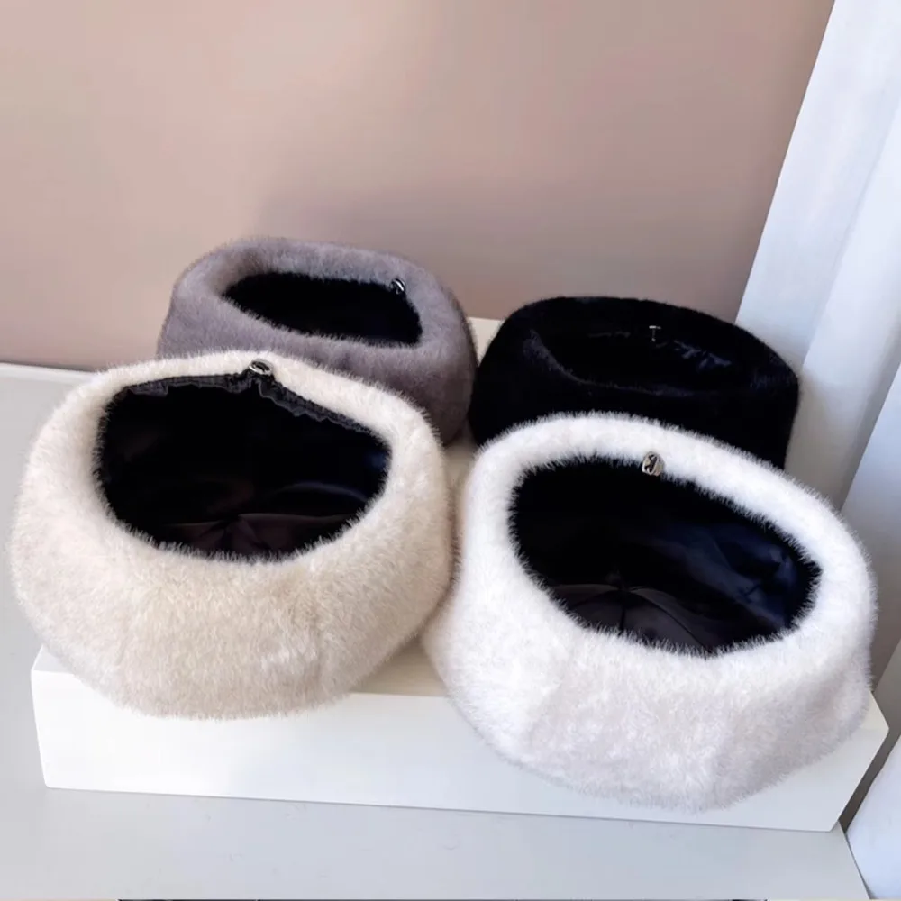 Leopard Print Faux Rabbit Fur Beret Flush Furry Solid Color Painter Beret Hat Keep Warm Thicken Octagonal Beanie Cap Women Girl