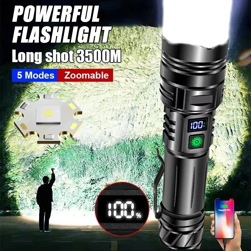 

Heinast High Power LED Flashlight USB C Rechargeable Zoom Tactical Torch Strong Light Lamp Outdoor Ultra Powerful Flash Light