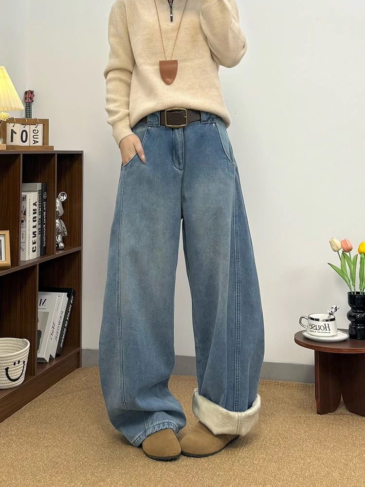 

Джинсы с широкими штанинами в стиле ретро, женские повседневные свободные брюки из американского хлопка, бамбуковые брюки, осень-зима, Новое поступление, светлый цвет