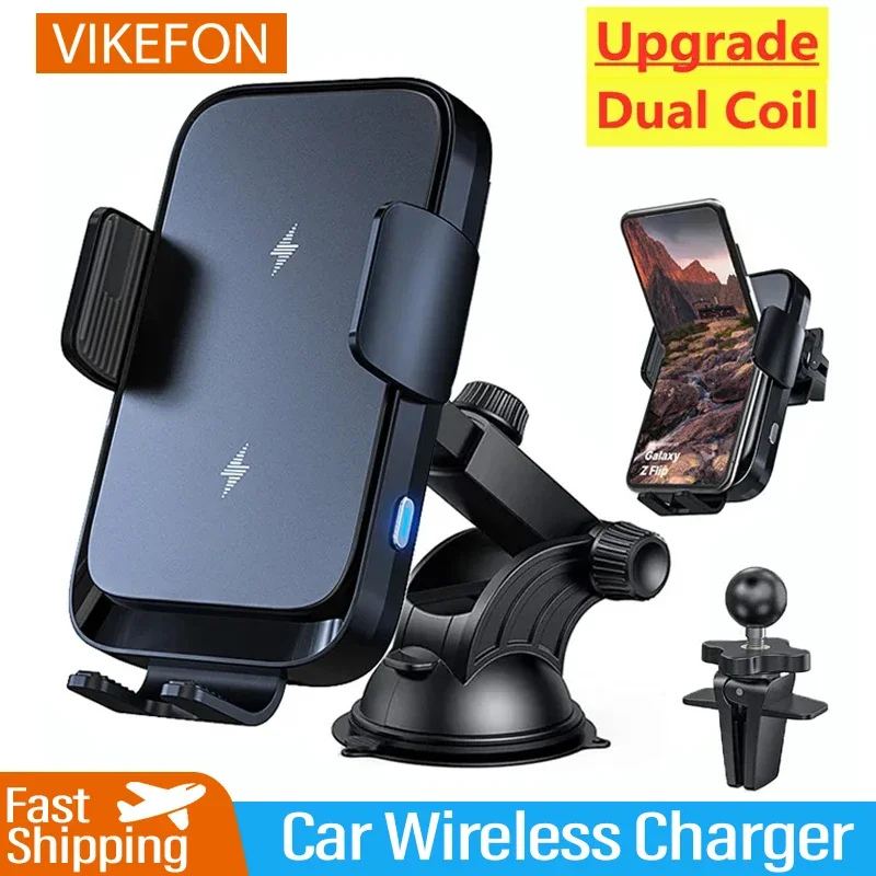 

Wireless Car Charger Dual Coil Phone Holder Stand for Samsung Galaxy Z Flip 7 6 5 4 3 S25 S24 iPhone 17 16 Pro Max Fast Charging