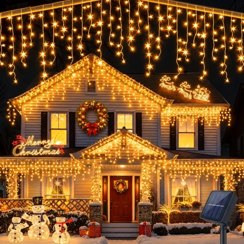 Solar Curtain Icicle Light 3.5M Eaves Decor Outdoor Fairy String Lights Wedding Party