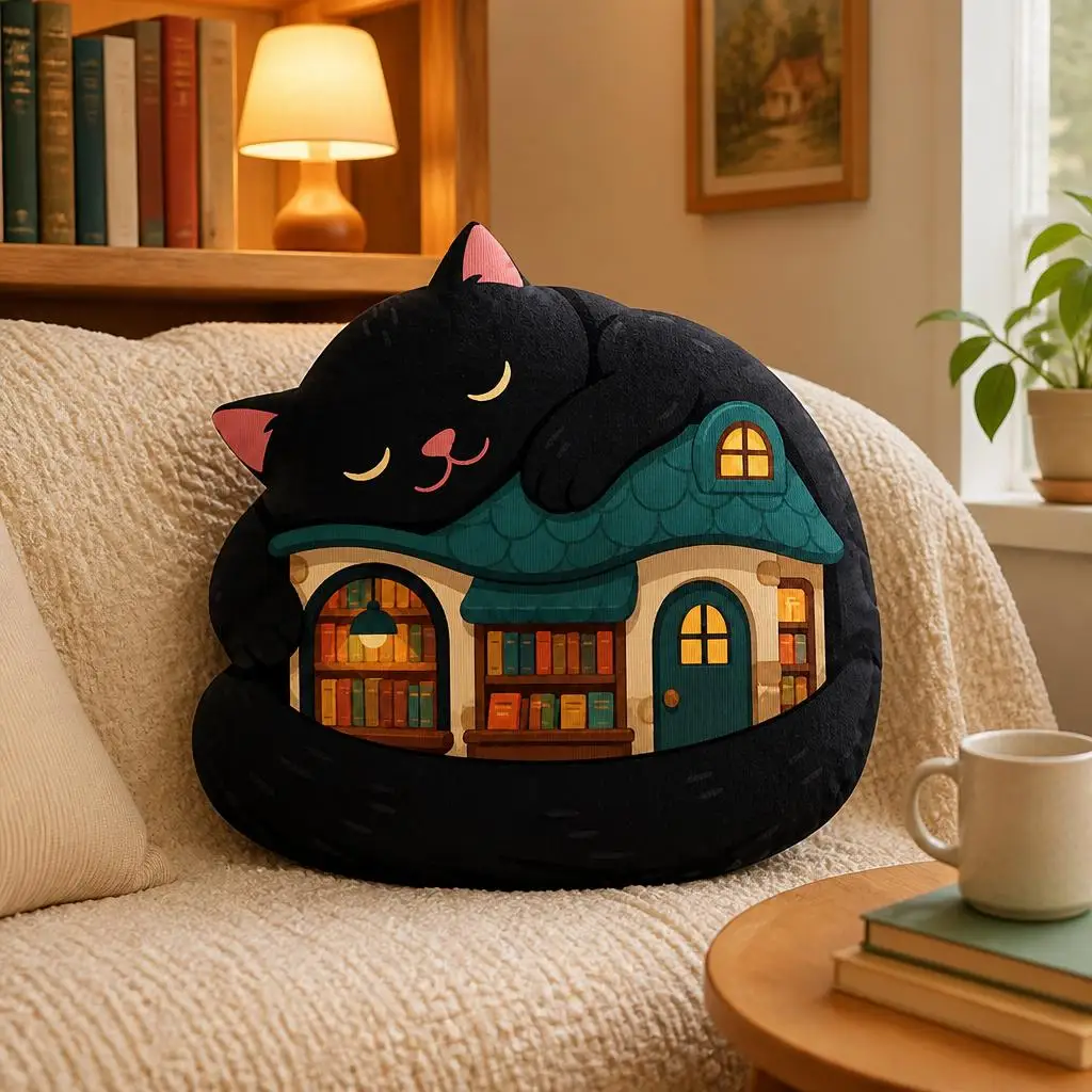 Black Cat Bookshop Pillow Literary Cat Lover Cushion Cozy Reading Nook Plush Stuffed Throw Pillow Home Decor Bookworm Gift