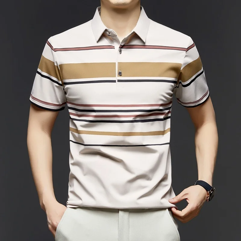 

New Trend Top Quality Polo Shirtt for Men Short Sleeve Loose Summer Clothing Solid Striped Man T-shirt Business Tops Polos