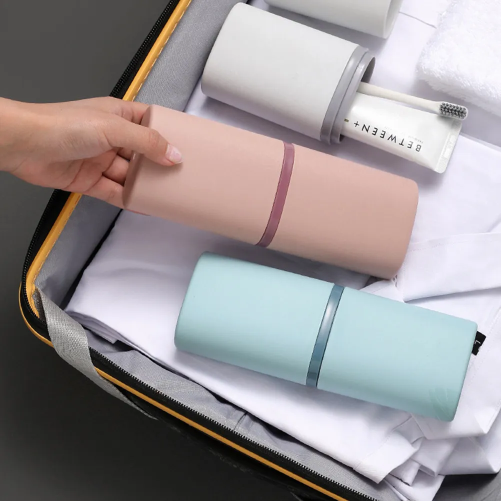 2Pcs Toothbrush Storage Case Premium Material Two-in-One Portable Washing Cup Toothbrush Container Travel Home Use White