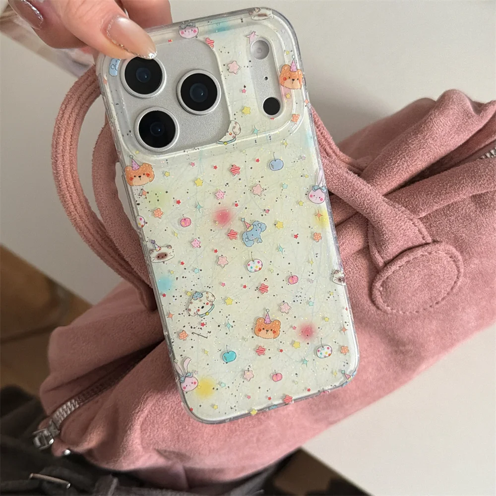 Glitter lines cherry animal cartoon phone case for iPhone 17 Pro 14 15 Pro Max 16 pro 17 cover with hinge cute protection Cases