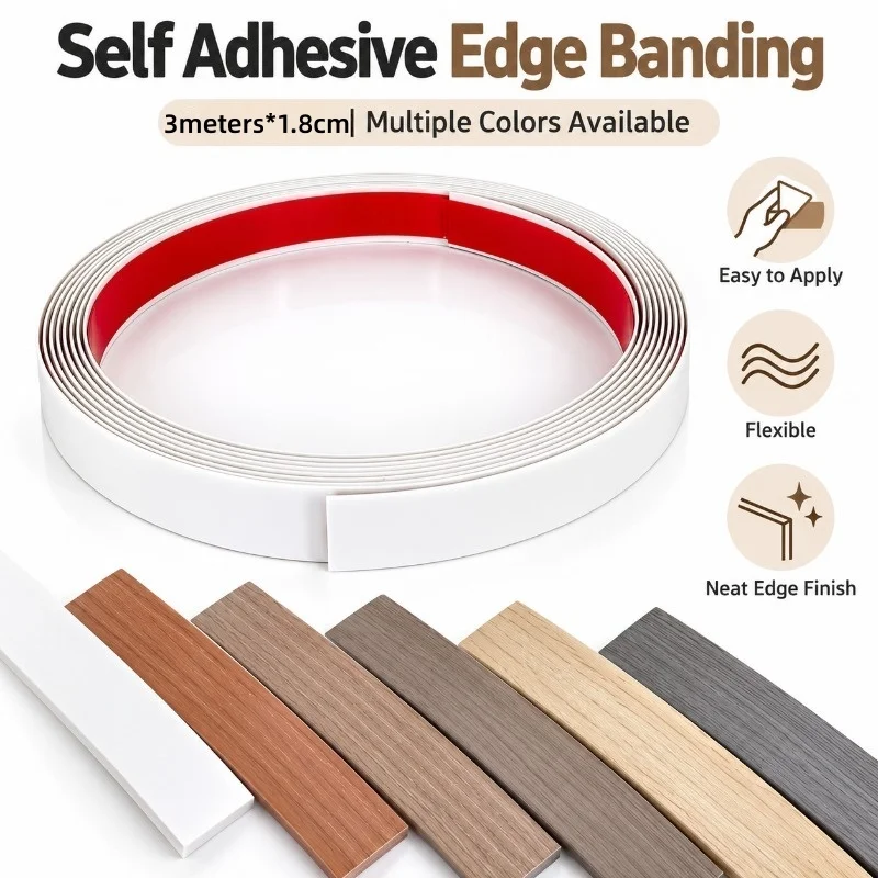 3Meters x 18MM Self Adhesive Cabinet Banding Strip Furniture Repair Trim for Cupboards Doors Wall Border Decor Multiple Colors