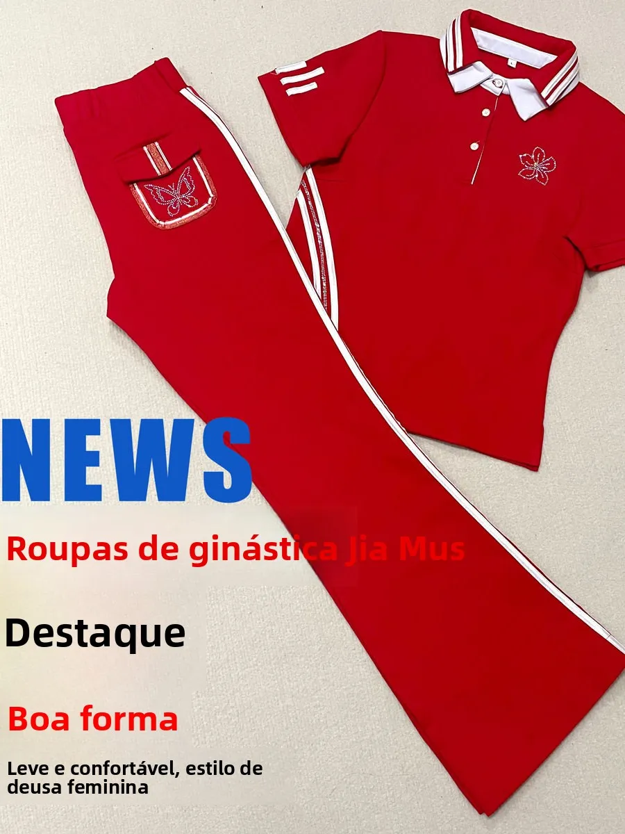 red-roman-cotton-fitness-dance-costume-set-square-dancing-outfit-women's-sporty-high-waist-long-pants-short-sleeve-top