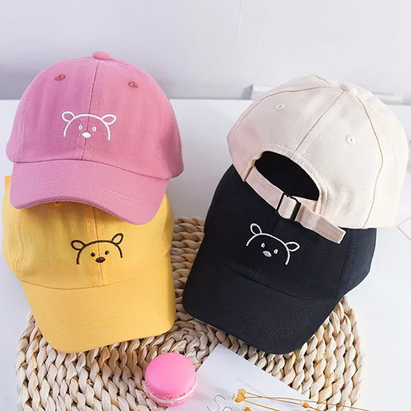 

1Pc Children Solid Color Baseball Cap Baby Sun Hats Kids Cotton Breathable Hat Boys Girls Adjustable Caps Cute Bear Embroidered